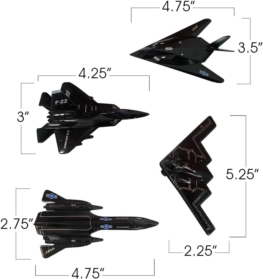 Die-Cast Metal United States Air Force Stealth Aircraft Set, 4.5 Inch, 4-Pack with Pullback Action, B2 Bomber, SR-71 Blackbird, F-117 Nighthawk