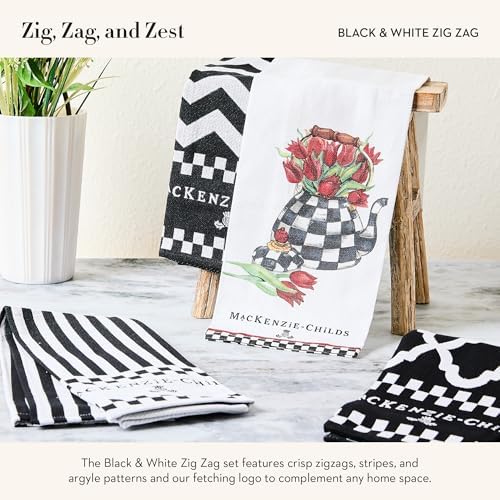MACKENZIE-CHILDS Set of 3 Cotton Dish Towels, Decorative Kitchen Towels, Black-and-White Zig Zag