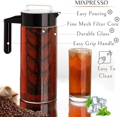 Mixpresso Cold Brew Coffee Maker, 44 Oz Glass Cold Brew Pitcher with Filter | Iced Coffee & Tea Maker with Reusable Mesh Filter