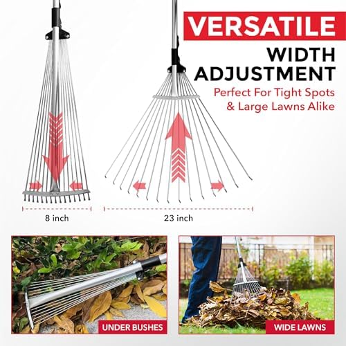 J16A Adjustable Metal Leaf Rake with Expandable Head 8-23", Collapsible & Telescopic Grass Rake for Lawns, Garden & Yard, Ideal for Leaves