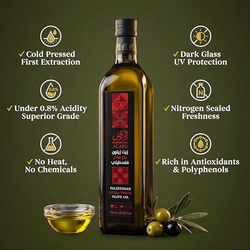 Al'Ard Palestinian Extra Virgin Olive Oil, 500ml Cold Pressed Olive Oil from Palestine, Smooth Balanced Flavor, Premium EVOO, 16.9 Fl Oz Glass Bottle