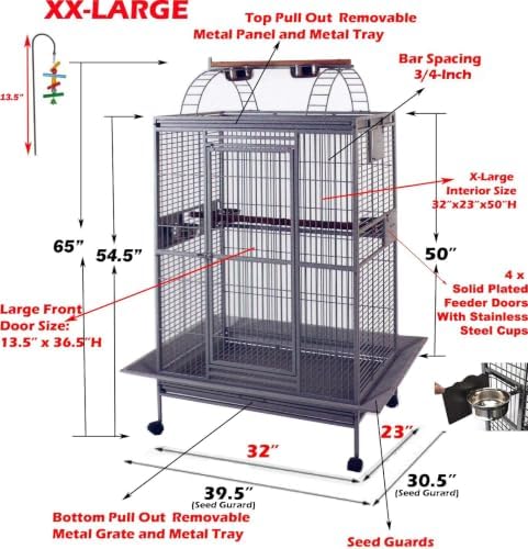 Large Double Ladders Open Play Top Wrought Iron Bird Parrot Parakeet Finch Macaw Cockatoo Cage, Include Seed Guard and Toy Hook (30.5''L x 29.5''W x 65''H, Black Vein)