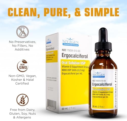 Nivagen Vitamin D2 Liquid Drops 8, 000 USP (Ergocalciferol) | 400 IU per Serving | 2 Drops Once Daily | 1, 200 Servings