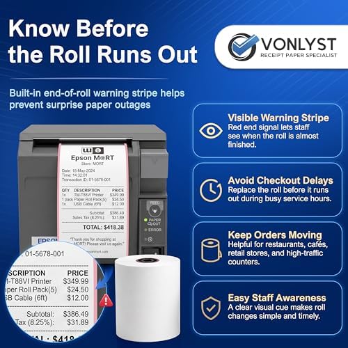 3 1/8 x 230 Thermal POS Rolls for Epson Printers, BPA Free Thermal Printing Compatible with TM-T88 TM-T70 TM-T80 TM-T85 TM-H6000 T90 Series