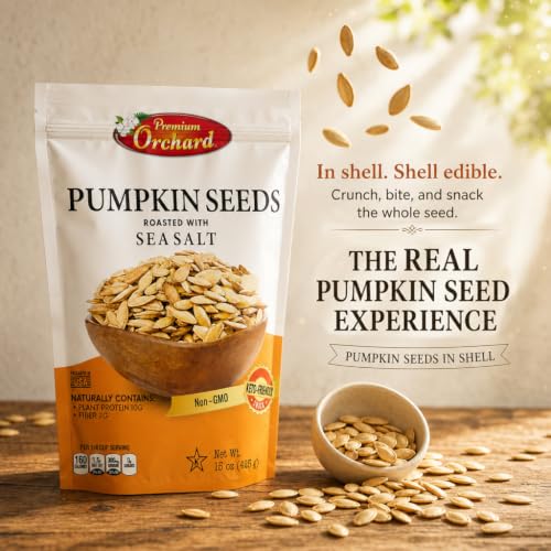 ROASTED PUMPKIN SEEDS to Eat in Shell by Premium Orchards MIXED NUTS - Salted with Sea Salt - Non-GMO Vegan Fresh Healthy Snacks/ - Great source of Plant Protein, Zinc, Magnesium & Iron - 1 Bag