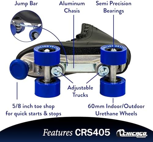 Chicago Skates Classic Quad Roller Skates for Women & Men – Durable & Top Performance, Adjustable High-Top Boots for Safe Indoor/Outdoor Roller Derby–60mm PU Wheels & Semi-Precision Bearings