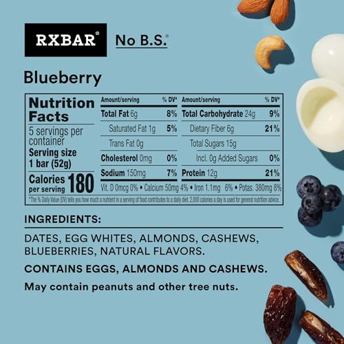 RXBAR Protein Bars, 12g Protein, Gluten Free Snacks, Blueberry, 22oz Box (12 Bars)
