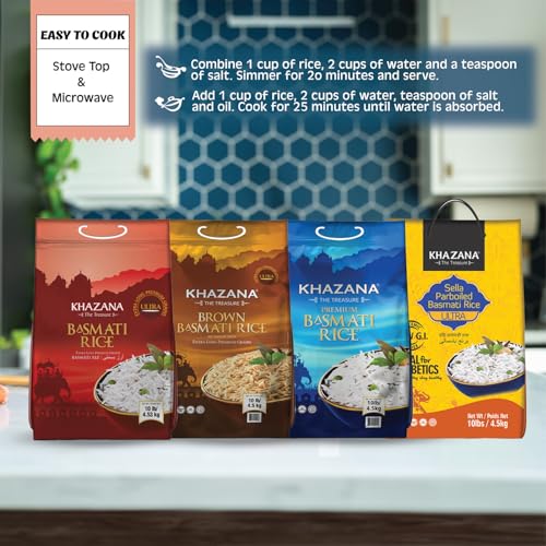 Authentic Extra Long Basmati Rice by Khazana in 10 lb Bag - Aromatic and Flavorful Indian Grain - Non-GMO, Gluten Free, Kosher, Cholesterol Free