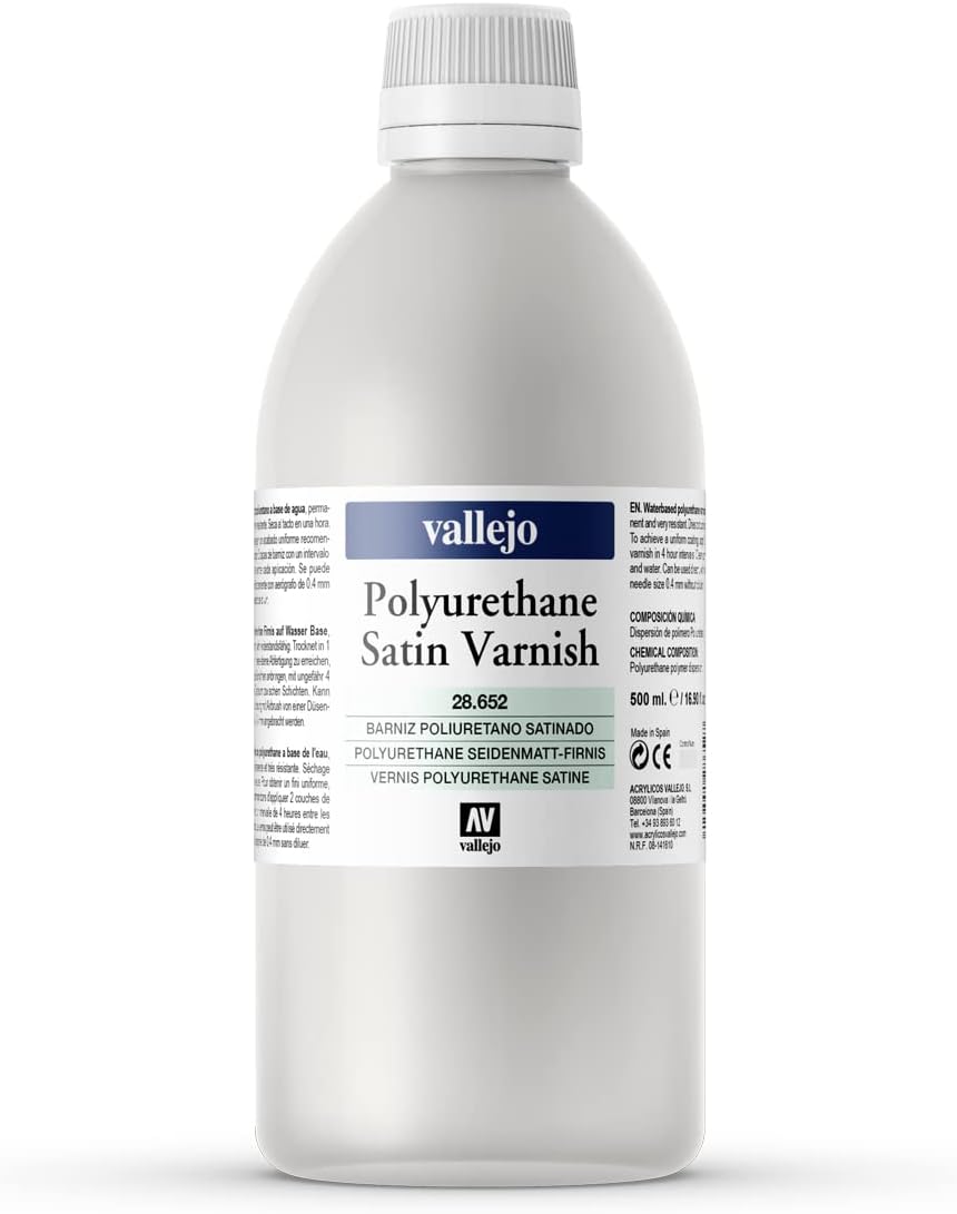 Vallejo - Polyurethane Varnish | Satin Finish 200 ml. (6.76 fl.oz.) | Extraordinary Hardness & Permanence | Create a Perfect Clear Coat | Scratch Resistant for Outdoor and Indoor Surfaces