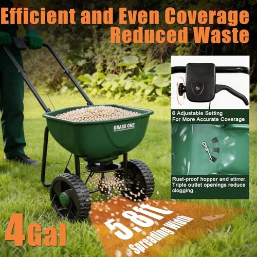 15L Walk-Behind Broadcast Spreader, Push Seed & Fertilizer | Adjustable 6 Flow Controls, Suitable For Seed, Fertilizer, Salt And Ice Melt