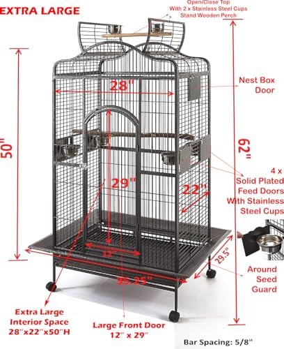 Extra Large Wrought Iron Open/Close Play Top Bird Parrot Cage, Include Metal Seed Guard Solid Metal Feeder Nest Doors Overall Dimensions: 35.25" Wx29.5"x62"H(with Seed Skirt)
