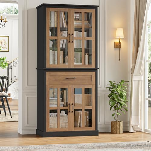 FOTOSOK 71'' Tall Kitchen Cabinet with Glass Doors and Drawer | Freestanding Food Pantry with Adjustable Shelves for Dining, Living Room, Natural