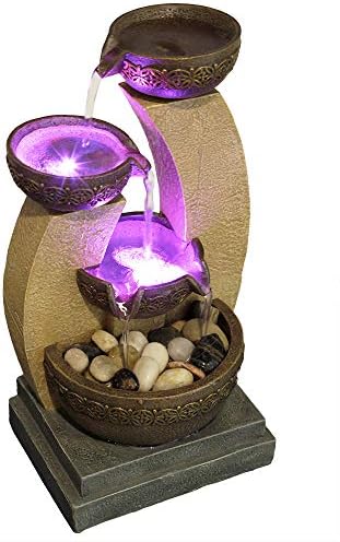 11" H Golden Tiered Bowl Fountain with Color Changing LED Lights with Adapter Brown