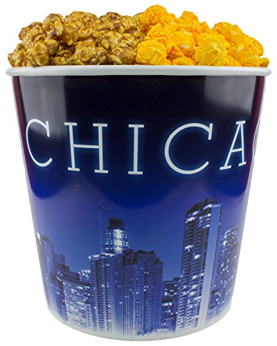 Signature Popcorn - Gourmet 1-Gallon Blue Chicago Skyline Reusable Plastic Bucket Tin - Half Caramel Half Cheddar Cheese Flavor - Holiday