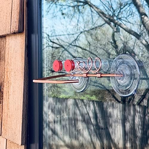Window Hummingbird Feeder | Handcrafted Copper and Aluminum | Multiple Stations | Modern Hummingbird Feeder | Glass Bottles | Suction Cups (Copper, Four Station)