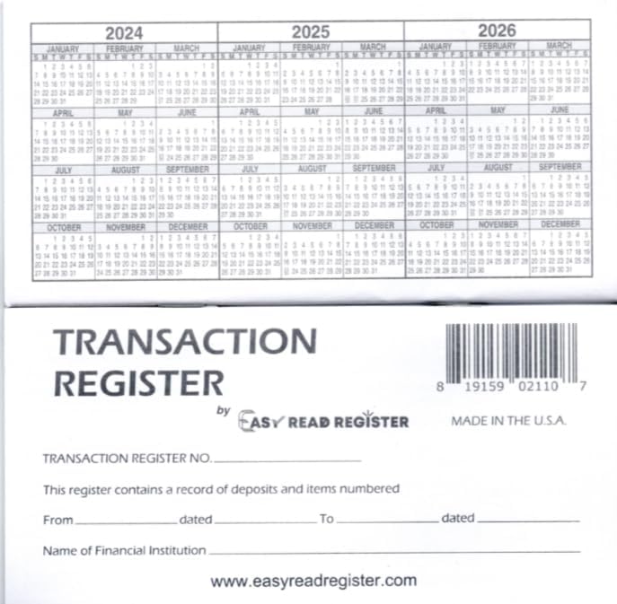 Checkbook Register, Made in The USA, Check Registers for Personal, Blank Ledger Transaction Registers for Personal or Business Bank, Check Register Book (23-24-25 Calendars, 10)