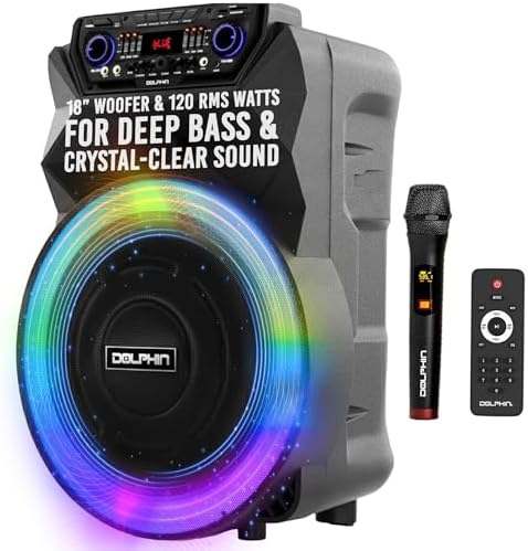 Dolphin Bluetooth Party Speaker with Wireless Microphone, 18" Woofer | 4500W Output, LED Lights, USB, SD, AUX & Guitar Inputs, 12V Input