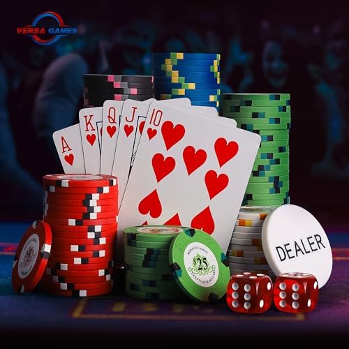 Poker Chips Set - 500pc Monaco Casino 13.5g Clay Poker Chips Set by Versa Games - Strong Aluminum Case, 2x Decks of Cards, 5x Dice