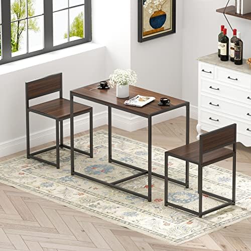 soges 3 Piece Dining Set for 2, Small Dining Table Set with 2 Chairs, Walnut Kitchen Table for Small Spaces, Breakfast Nook Set