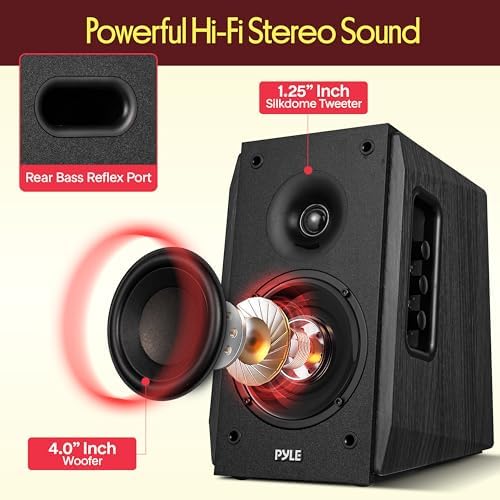 Pyle Powered Bookshelf Speaker System with Bluetooth, 80W Active Stereo Speakers, Bass Reflex Natural Wood Cabinet, Hi Def ARC, Optical, Coax, Subwoofer Out, for Entertainment, Studio (Pair)