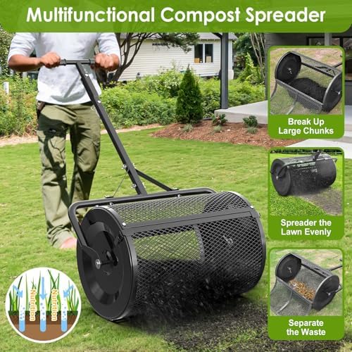 Seeutek Compost Spreader, 24" Peat Moss Spreader with 3 Heights | Push or Tow Top Soil Spreader W/Upgraded Side Latches Support Rod Powder Coated Metal Mesh Top Dressing Spreader for Lawn