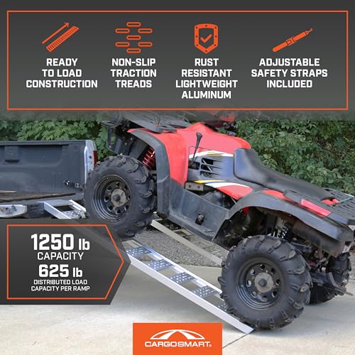 Aluminum Straight Fixed Ramp with Treads (2pk) - Easily and Safely Load and Unload Light Equipment, Lawn Tractors, ATVs and More, 1, 250 lb. Capacity