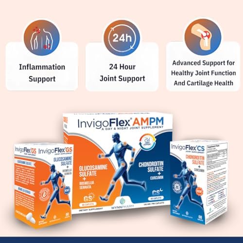 INVIGOFLEX® AMPM - Glucosamine & Chondroitin Sulfate - Turmeric Curcumin - Boswellia Serrata (Non GMO) for Knees, Hands, Back and Hip 24 - Hour Premium Joint Supplement