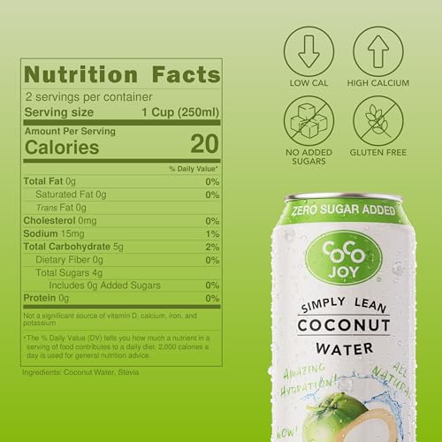 CoCo Joy Natural Coconut Water, Low-Calorie, High-Calcium, Nutrient-Rich Drink 12 pack