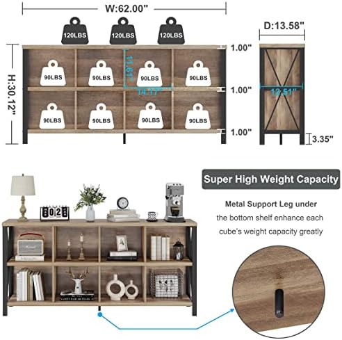 FATORRI 8 Cube Storage Organizer Bookshelf, 62 Inch Wood Horizontal Bookcase, Farmhouse Cube Long Book Shelf