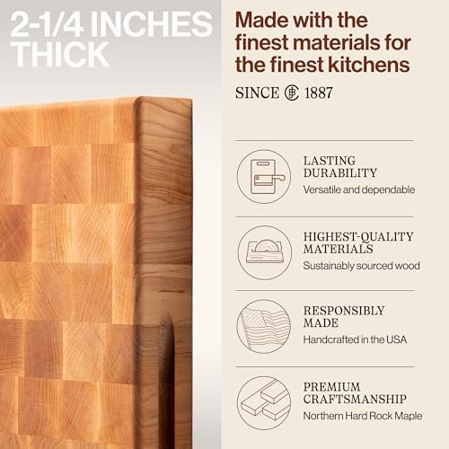 John Boos CCB Series Square Wooden Maple Cutting Board 18”x18” – 2.25” Thick, 22-lb Reversible Butcher Block with End-Grain & Finger Grips – Made in the USA