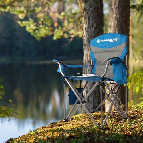 Oversized Camping Chair 300lbs - Heavy Duty Folding Chair with Cooler Pouch and Carry Bag for Camp Sites, Tailgates, or Beach by Wakeman (Blue)