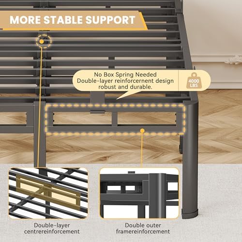 Full Size Bed Frame Metal,14 Inch Heavy Duty Double Layer Platform Black | Easy Assembly,Noise Free,4000lbs Capacity,6 Mattress Stoppers,Round Corner Legs,Headboard Holes,Anti-Slip Rubber Foot Pads