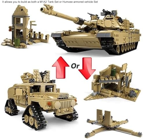 M1A2 Abrams Tank Building Set 1:28 Scale Military Model Kit 2-in-1 Vehicle | Armored Vehicle with Ruin Buildings Soldier Figures Army Blocks Toy Set