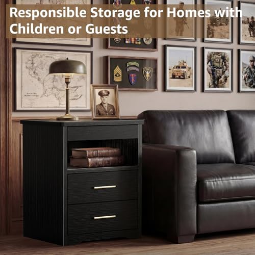 Black Nightstand with Gun Drawer for Bedroom - Modern 3 Drawers Night Stand Gun Safe for Handgun Bed Side Table with Storage Hidden Compartment