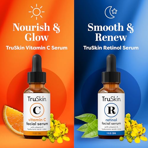TruSkin Face Serum Duo - Vitamin C Serum & Retinol Serum for Face - AM & PM Anti Aging Skincare Routine - Brightening & Smoothing Facial Serums