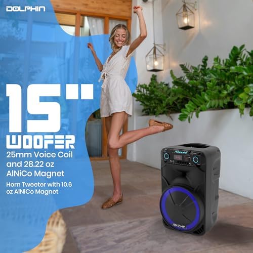 Dolphin Large Bluetooth Party Speaker with Wired Microphone, 15" Woofer | 140W Output, WaveSync Pairing, X-Bass, Digital EQ, USB, SD, FM & AUX Inputs