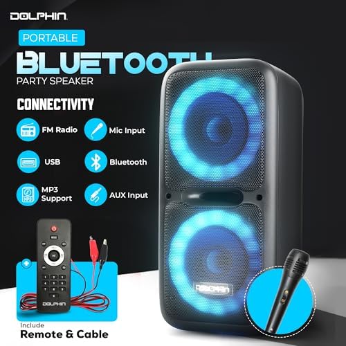 Dolphin Bluetooth Party Speaker with Wired Microphone, Dual 12" Woofers | 5-Band EQ, Hi-Fi Amplifier, Multicolor LED Lights, USB & AUX Playback