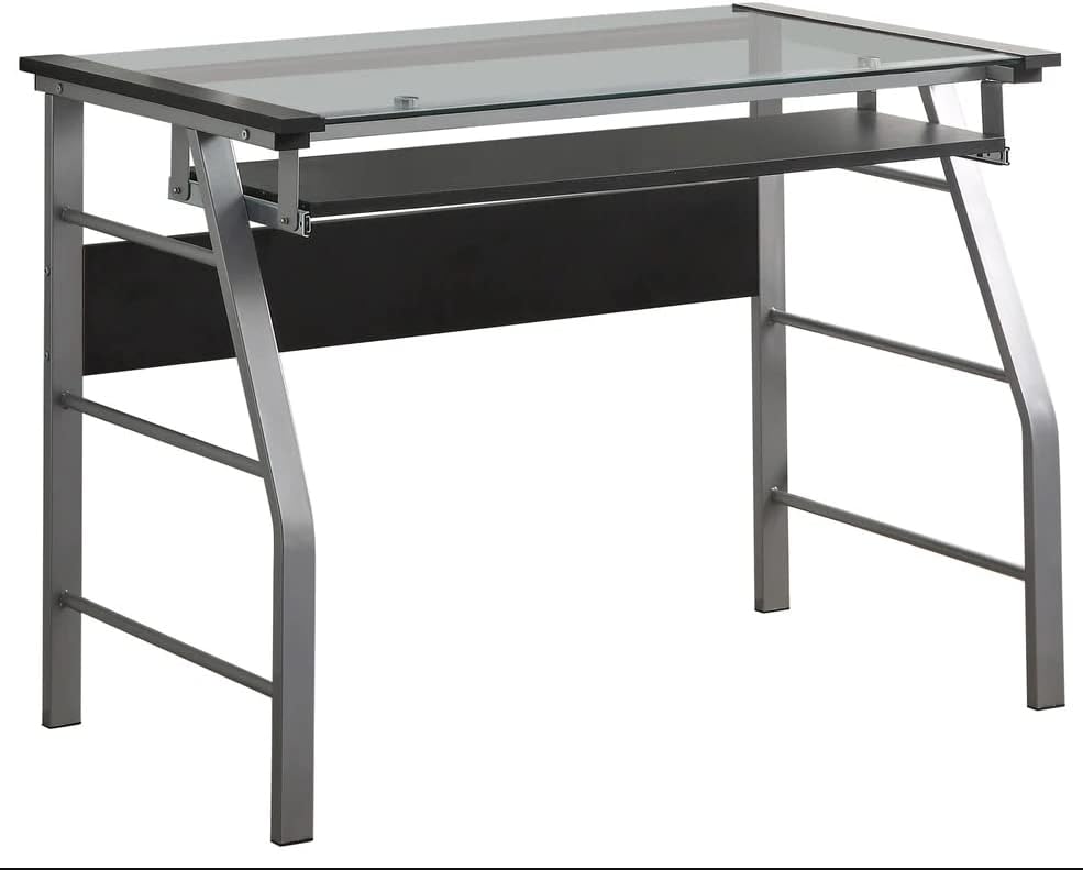 King's Brand Metal and Glass Top Home Office Computer Desk/Table, Silver Finish