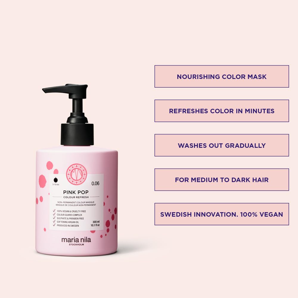 Maria Nila, Color Refresh Pink Pop, Pink Hair Mask, Semi-Permanent Pigments, 100% Vegan & Sulfate/Paraben free