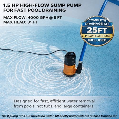 Sump Pump Submersible With 25Ft. Hose, Submersible Pump, 25Ft Cord, 4000GPH | 1.5HP Water Pump Submersible With 25ft. Hose Kit, Utility Pump