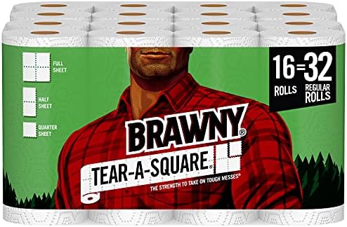 Brawny Tear-A-Square Paper Towels, 16 Double Rolls = 32 Regular Rolls, 3 Sheet Size Options, Quarter Size Sheets