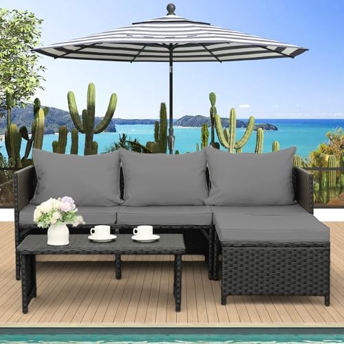Valita 3-Piece Outdoor PE Rattan Furniture Set Patio Black Wicker Conversation Loveseat Sofa Sectional Couch Khaki Cushion
