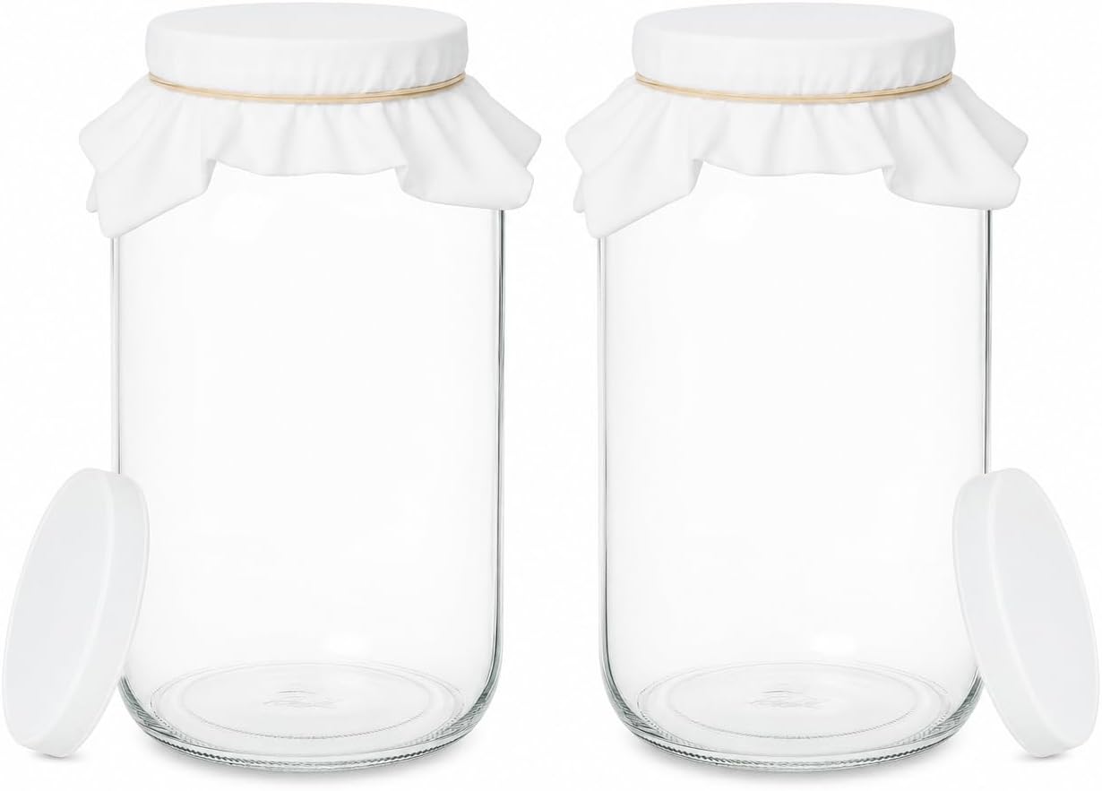 1 Gallon Glass Wide Mouth Kombucha Brewing Mason Jar - Home Brewing and Fermenting Kit with Cotton Cloth Filter, Rubber Band and Plastic Lid (1 Jar)