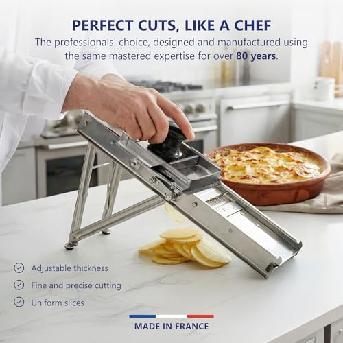 Bron Coucke – Professional Stainless Steel Mandoline with Protective Carriage – 2 Integrated Cutting Blade Units (3 mm & 10 mm) – Smooth &