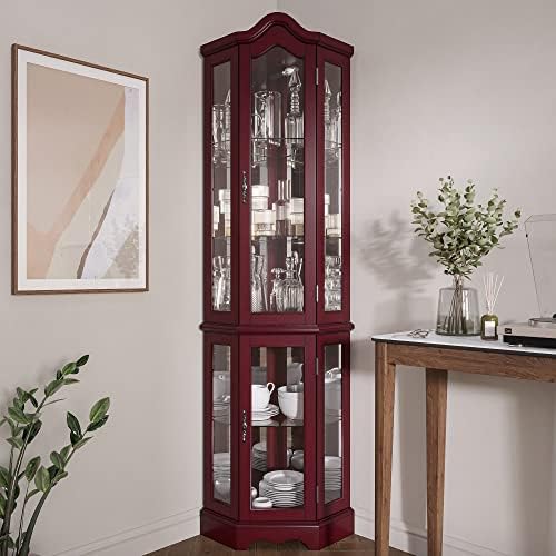 BELLEZE Lighted Corner Display Curved Top Curio Cabinet Wooden Shelving Unit with Tempered Glass Door