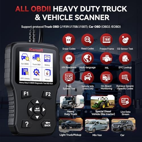 iCarsoft HD V3.0 Heavy Duty Truck Scanner Car OBD2 and Diesel All System 2-in-1 Diagnostic Scan Tool Lifetime Free Update Code Reader for Freightliner Paccar International Mack Hino Isuzu Cummins