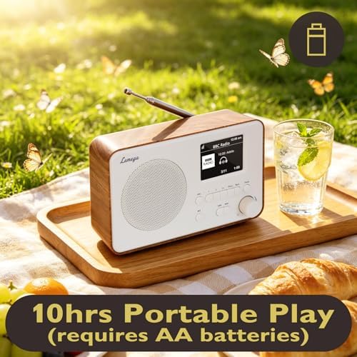 LeMega IR1PRO Internet Radio, Podcasts, Bluetooth, FM, Walnut | Alarm clock, full colour display, mains or AA battery, compact kitchen radio, snooze