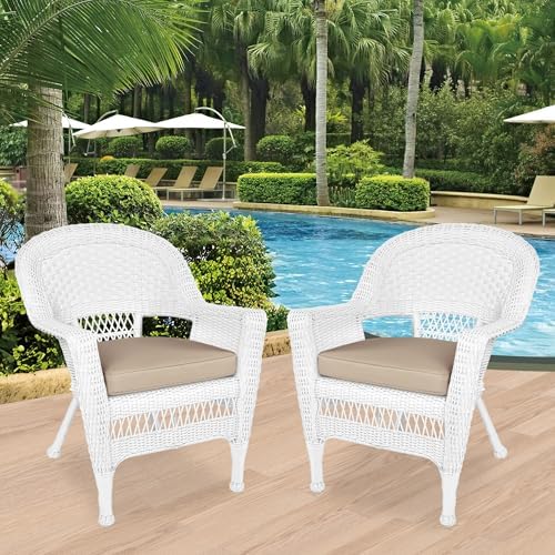 Jeco Wicker Chair with Tan Cushion, Set of 2, White/W00206-