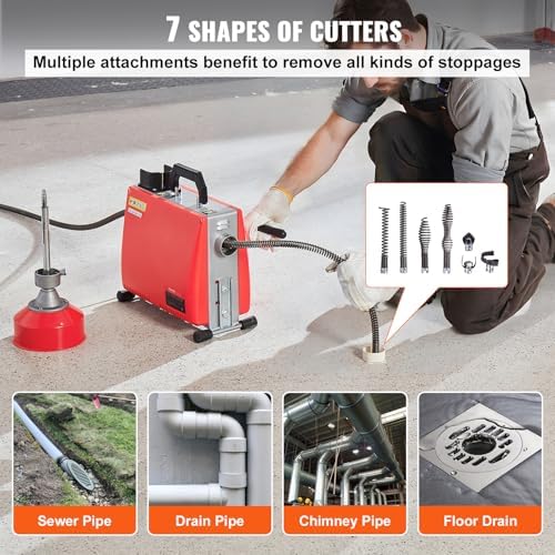 VEVOR 66FT x 5/8 Inch Drain Cleaner Machine, 250W Electric Sewer Snake Auger Manual Feed - with 7 Cutters, 2 Steel Cables (66' x 5/8" and 15' x 3/8")& CW/CCW Control for 1.6" to 4" Pipes