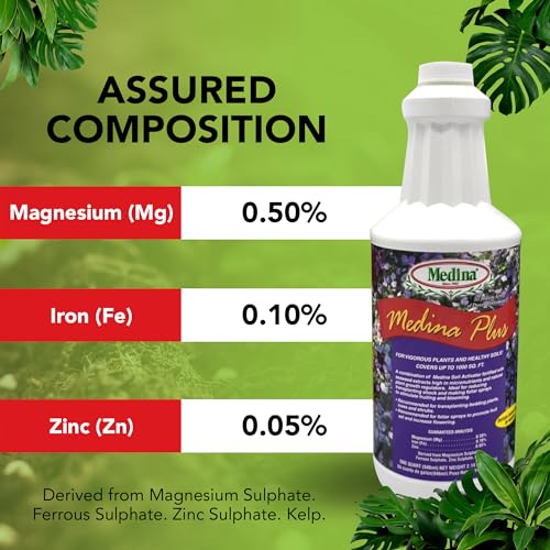 Medina Plus Soil Activator - Liquid Soil Loosener for Lawns & Gardens - Micronutrient-Rich Soil Conditioner & Softener - Used with House Plant Fertilizer, Liquid Plant Food for Houseplants - 1 End Qt